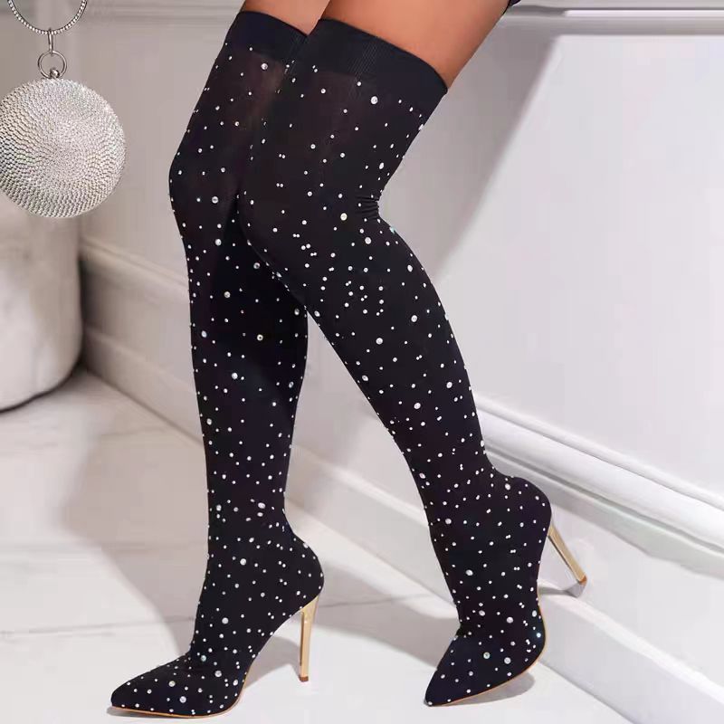 Rhinestone Slim Leg Stretch So - Knee High Sock Women ulasan dan harga